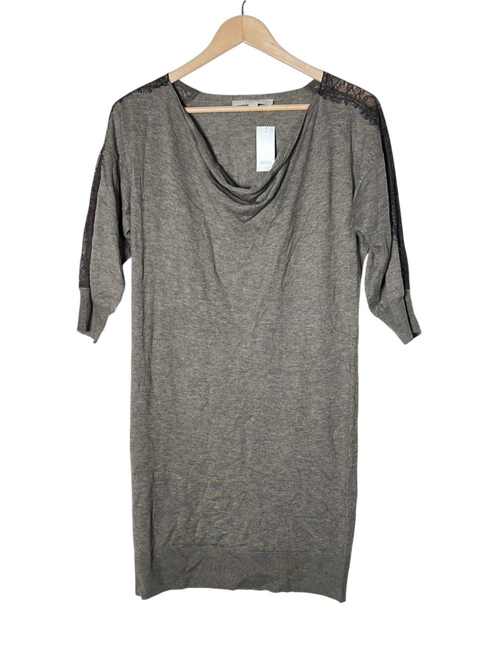 NWT Loft Taupe Tan Knit Cowl Neck Dress with Lace Shoulder Detail small S B123